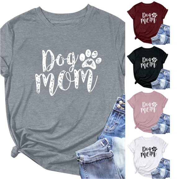 Trendfront Womens Dog Mom Letter Print Tops Summer Fashion Crewneck T-Shirts Short Sleeve Tee Animal Lover Pullover Outfits for Women