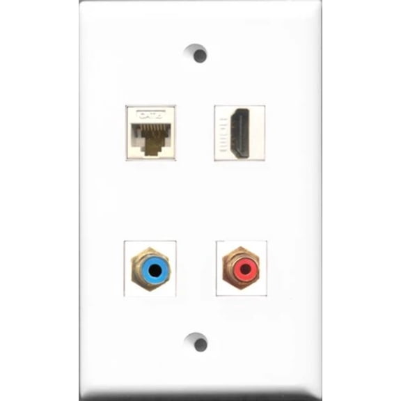 RiteAV 1 Port HDMI and 1 Port RCA Red and 1 Port RCA Blue and 1 Port Cat6 Ethernet White Wall Plate