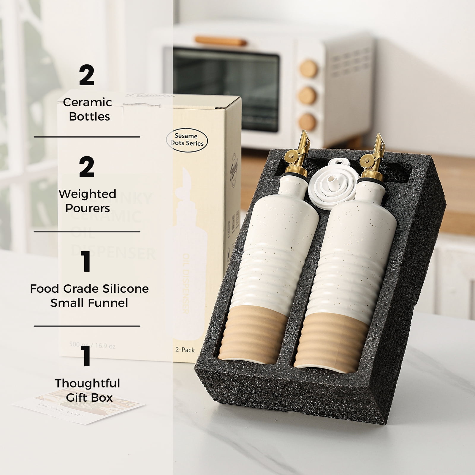 Frewinky 16.9oz Olive Oil Dispenser Bottle with Funnel, Ceramic Oil Dispenser for Kitchen, Cooking Oil Dispenser for Storage Oil, Vinegar, Syrups, Set of 2