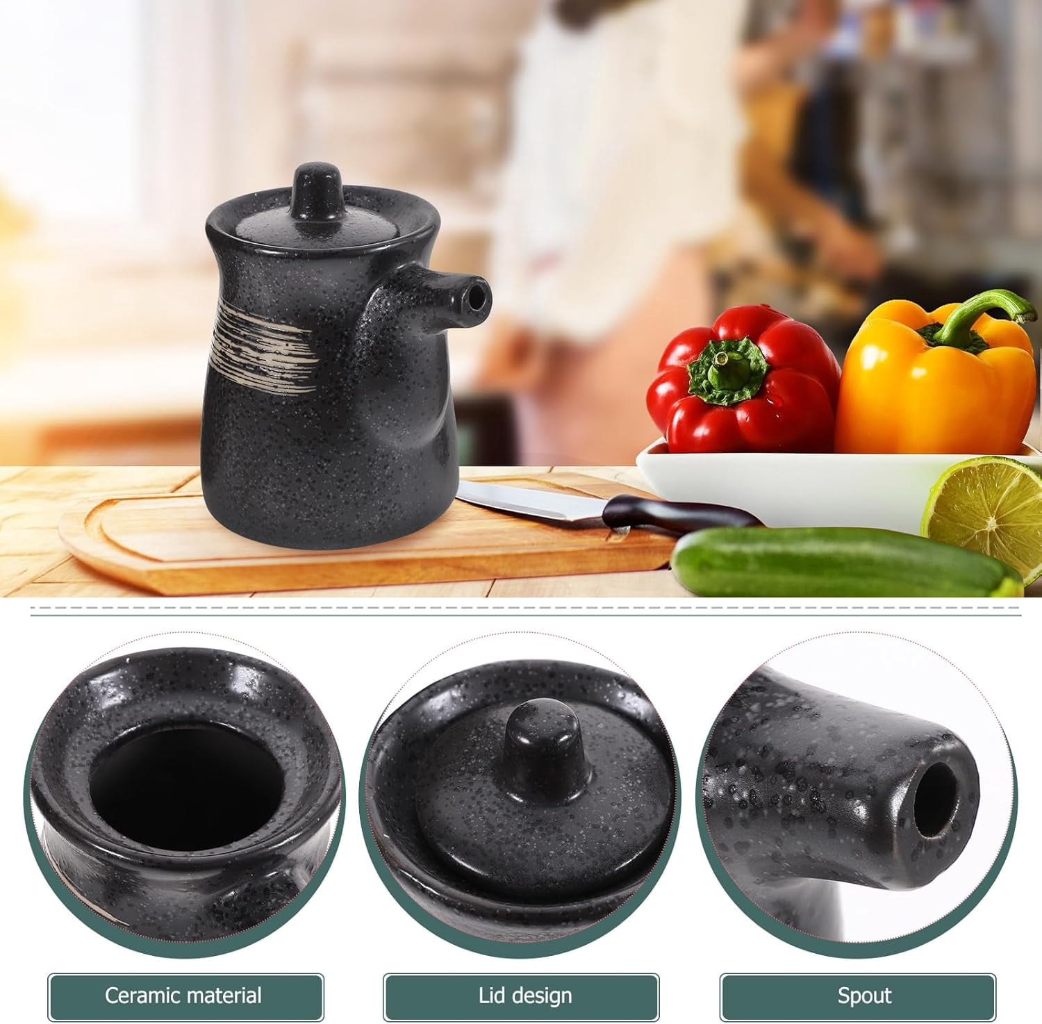 ABCISI 2PCS Soy Sauce Dispenser, Ceramic Olive Oil Dispensers with Lid for Kitchen Cooking, 160ML Syrup Dispensers, Japanese style Sauce Bottle Seasoning Jar Sushi Sauce Container