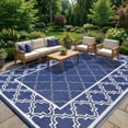 thumbnail image 3 of Outdoor Rug Waterproof 8x10 Patio Rugs Reversible Plastic Straw Rug with Extra Stakes & Carry Bag, Modern Trellis UV-Resistant Hose-Cleanable RV Mat for Porch Deck Balcony Dark Blue, 3 of 7