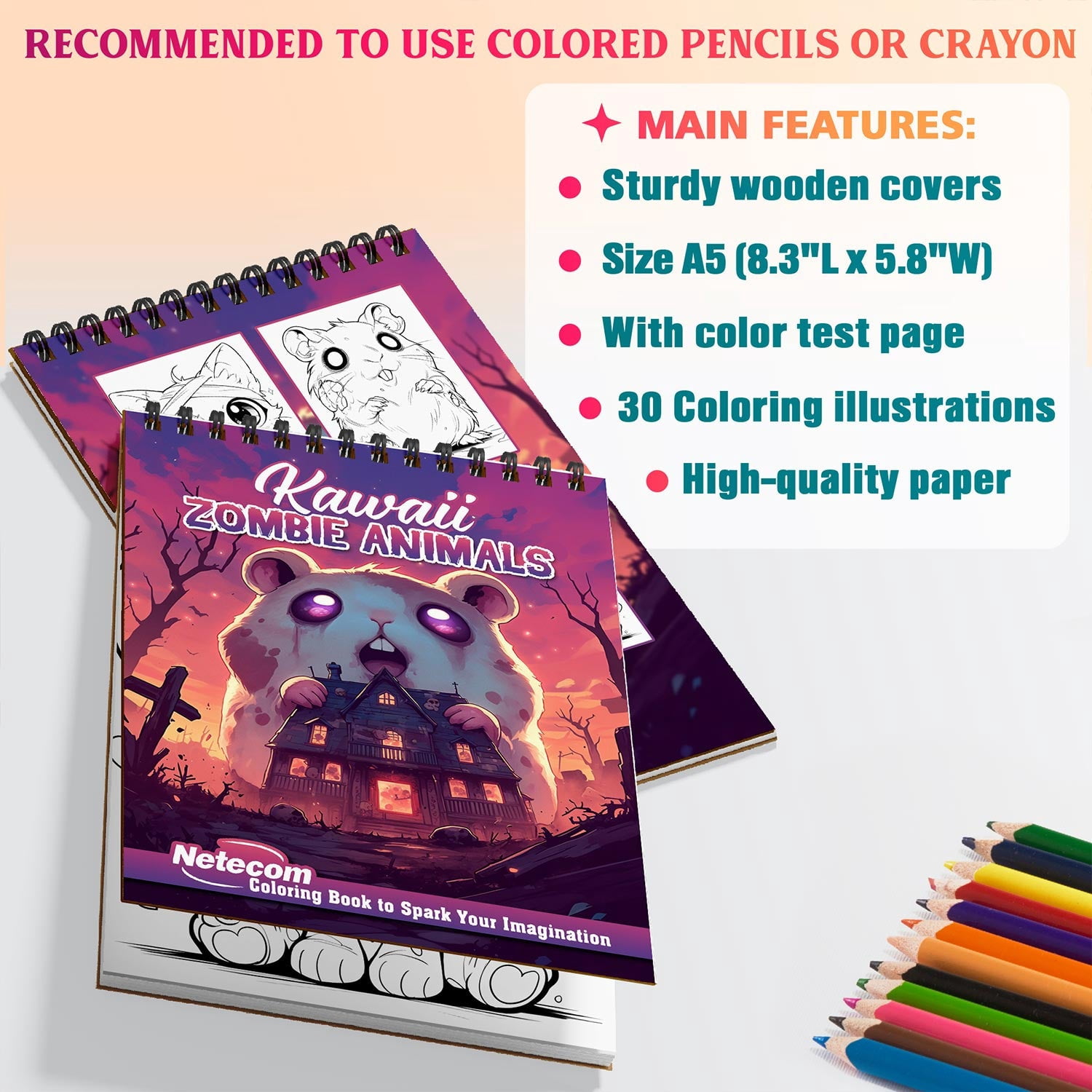 Netecom Kawaii Zombie Animals Coloring Book Spiral Bound for Adults, A5 Wooden Cover, 30 Cute Coloring Pages of Zombie Creatures for Stress Relief and Relaxation