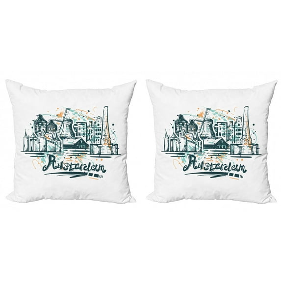 Amsterdam Throw Pillow Cushion Cover Pack of 2, Funky Calligraphy with a City Silhouette in Paintbrush Strokes, Zippered Double-Side Digital Print, 4 Sizes, Dark Teal Seafoam, by Ambesonne