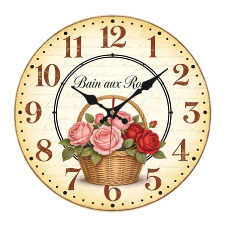 Farmhouse Rose Printing Wooden Wall Clocks Battery Operated 10 Inch | Rustic Colorful Decorative Small Silent Non Ticking Wall Clocks for Living Room Kitchen Bedroom Office