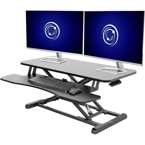 Height Adjustable 37in Standing Desk Converter Sit to Stand up Desk Riser Computer Workstation with Wide Keyboard Tray 2-Tier Desktop Black
