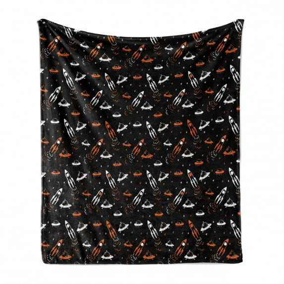 Space Soft Flannel Fleece Blanket, Cartoon Doodle Spacecraft Traveling to the Universe Cosmos UFOs Aliens Stars, Cozy Plush for Indoor and Outdoor Use, 60" x 80", Black Orange White, by Ambesonne