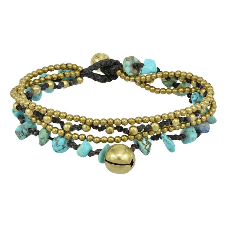 Turquoise Multi Strand Brass Beaded Handmade Jingle Bell Bracelet 
