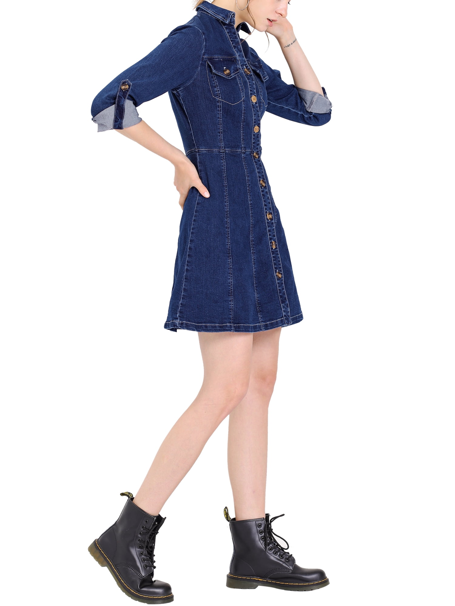 DARING DIVA Button Down Collar V-Neck Roll Up Sleeves Denim Shirt Dress XS Deep Blue