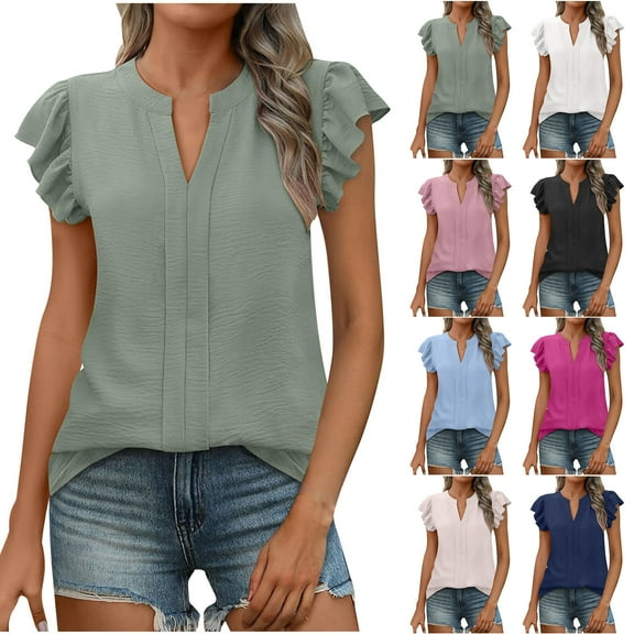 New Summer Arrivals Olyvenn Women Dressy Casual Blouse Ruffle Short Sleeve V Neck Textured Shirts 2025 Summer Business Work Tops Army Green XXL