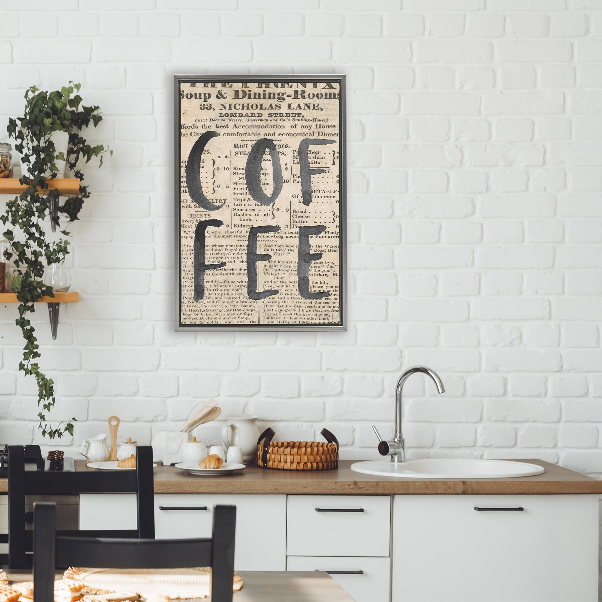 Stupell Industries Vintage Coffee Newspaper Gray Framed Floater Canvas Wall Art, design by Lucille Price