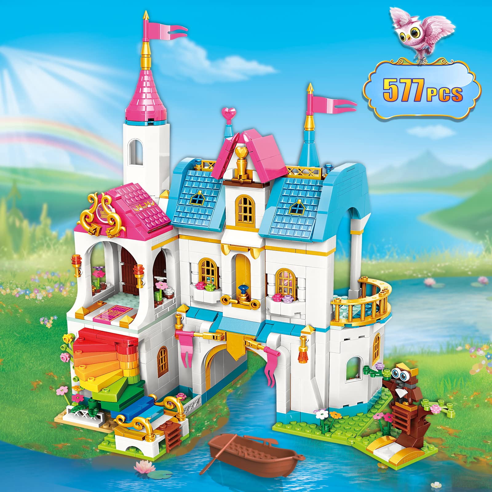 ENP Castle Building Toy Set, 577 Pcs Building Blocks Kit for Girls, Carriage Princess House Building Set, Gifts for Kids 6-12, Pink