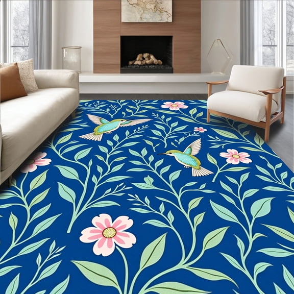 ODIKA 4'x6' Machine Washable Non-Slip Area Rug, Botanical Hummingbird Artistic Vintage High Traffic Rug, Blue, 477882