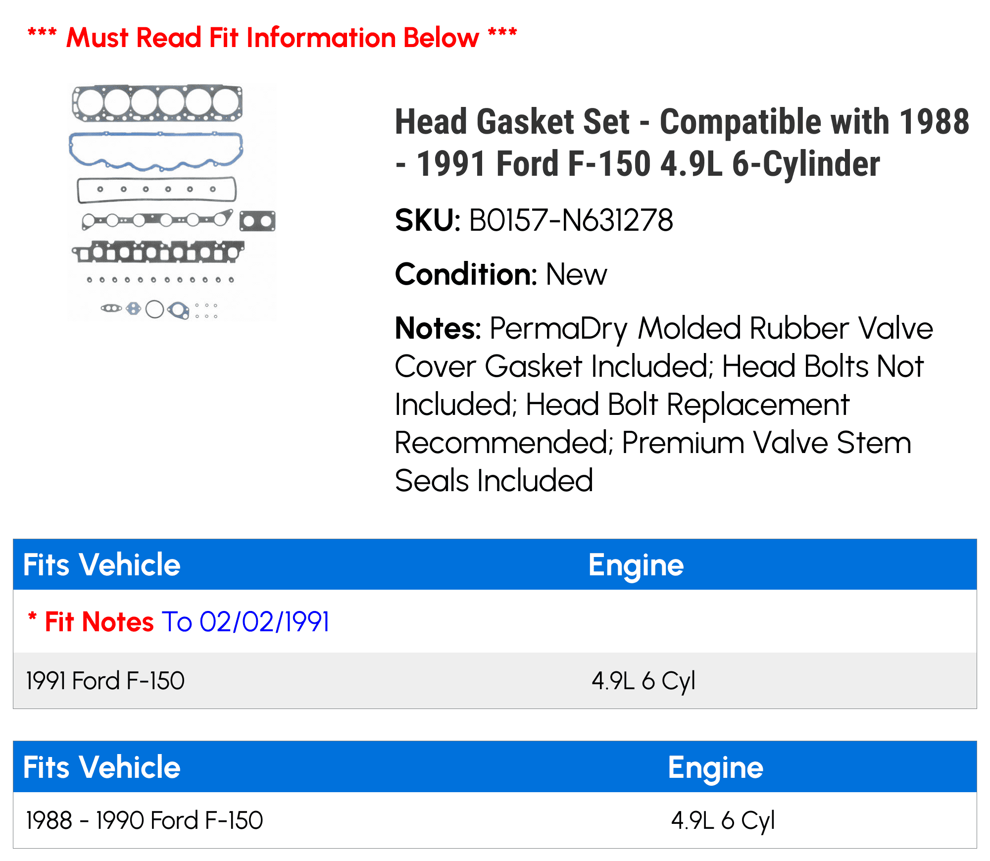 Head Gasket Set - Compatible with 1988 - 1991 Ford F-150 4.9L 6-Cylinder 1989 1990