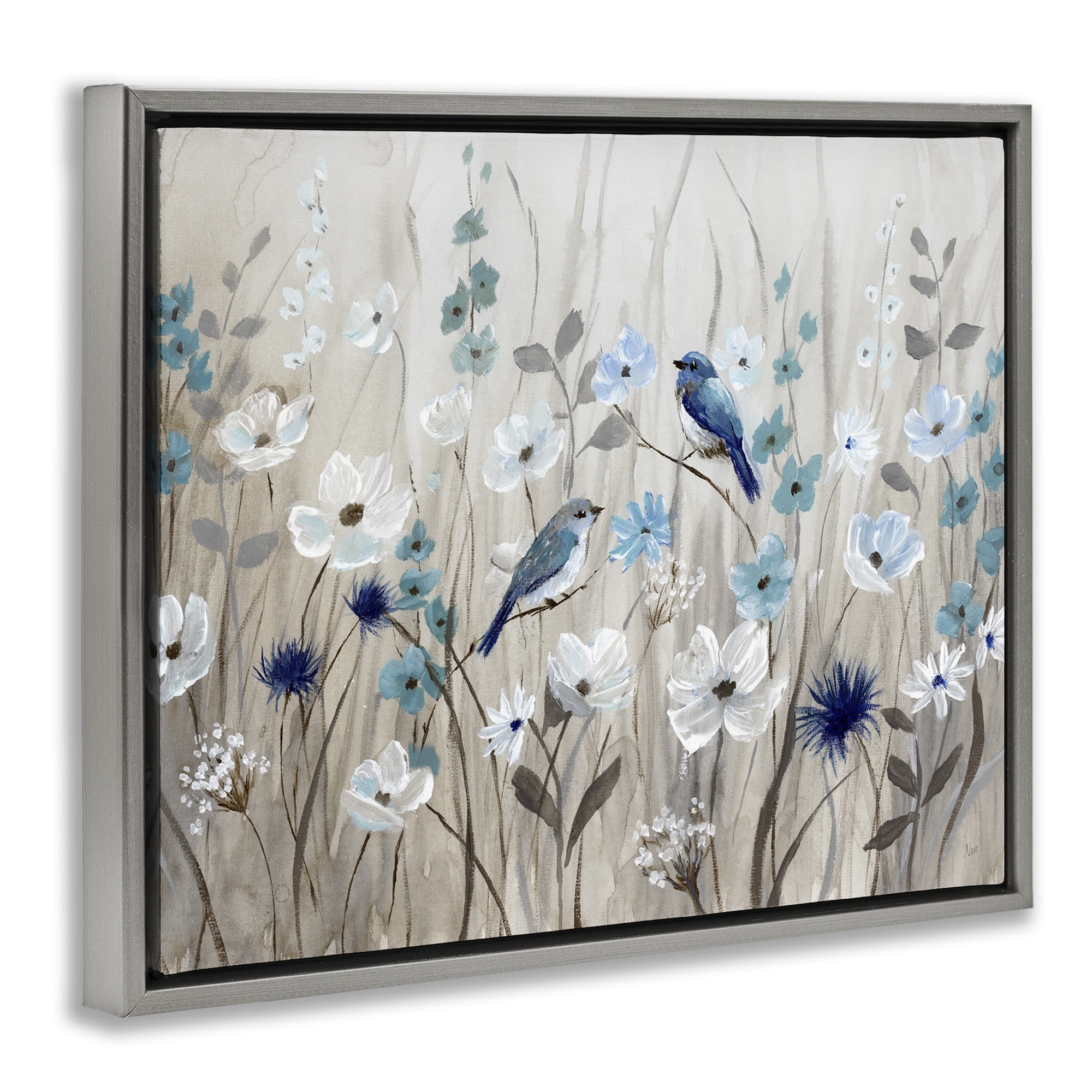 Stupell Industries Birds Floral Meadow Blossoms Botanical & Floral Painting Gray Floater Framed Canvas Art Print Wall Art, 31 x 25