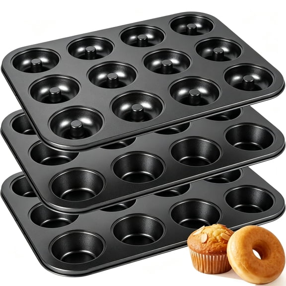 Kikcoin 3-Piece Muffin Pans & Donut Pan, Nonstick Baking Pan Set, Carbon Steel Bakeware Sets for Cupcakes, Donuts & Homemade Desserts, Oven Safe Up to 446℉