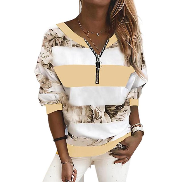 T-shirt à Col en V à Fermeture Éclair Imprimé Colorblock pour Femmes Automne Manches Longues Décontracté Grande Taille