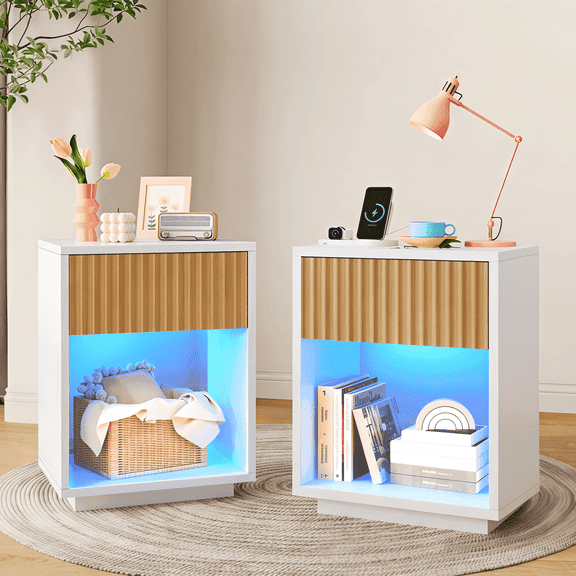 Wood  Nightstand Set of 2, End Table Side Table  with Charging Station & LED Lights,Nightstand for Bedroom Dorm Office, White