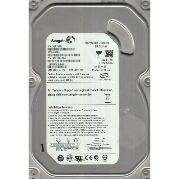 ST380815AS, 5QZ, WU, PN 9CY131-304, FW 3.AAC, Seagate 80GB SATA 3.5 Hard Drive