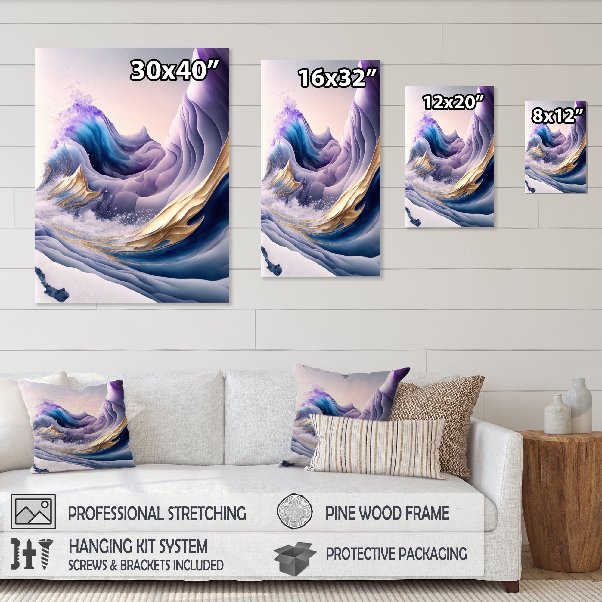 Designart Blue, Gold And Purple Splash Paint IV Canvas Wall Art