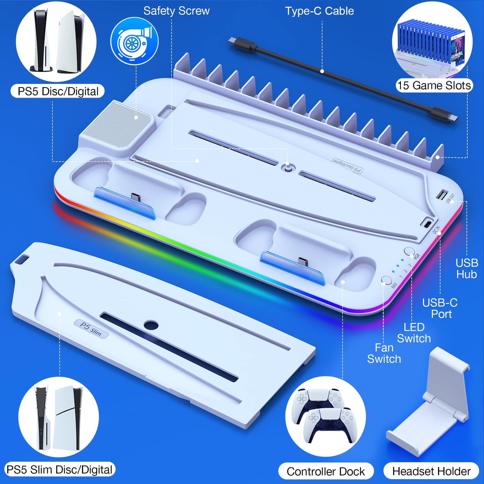 PS5 Stand and Cooling Station with Controller Charging Station for P5 Slim, PS5 Accessories Incl. 3 Levels Cooling Fan, 15 Game Storage, Headset Holder for Playsation 5 Digital/Disc, White