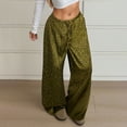 thumbnail image 2 of Bibifish Womens Pants Olive Green Leopard Print Satin Fabric Drawstring Waist Wide-Leg Fit Casual Vacation Daily Errands Retro Style Trendy Pants, 2 of 9