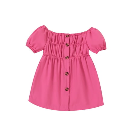 

Toddler Baby Girls Summer Dress Short Sleeve A-line Button Off Shoulder Solid Princess Dresses 0-5Y