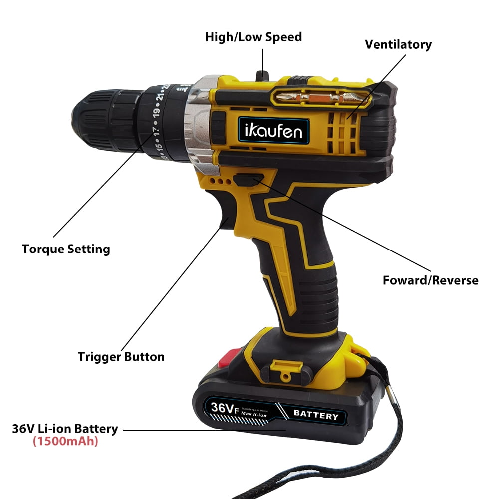 ikaufen Cordless Drill Driver, 21V Electric Drill Screwdriver Kit with 25+1 Torque, 2 Speed with 2 Batteries 1.5Ah, LED Light Cordless Combi for Home and Garden DIY Project