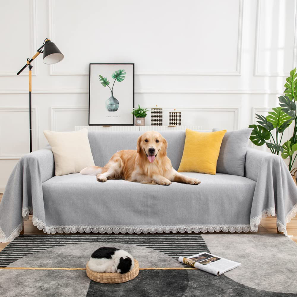 Farmhouse Stylish Gray Couch Cover For Dogs Cats Kids PetsLace Bottom