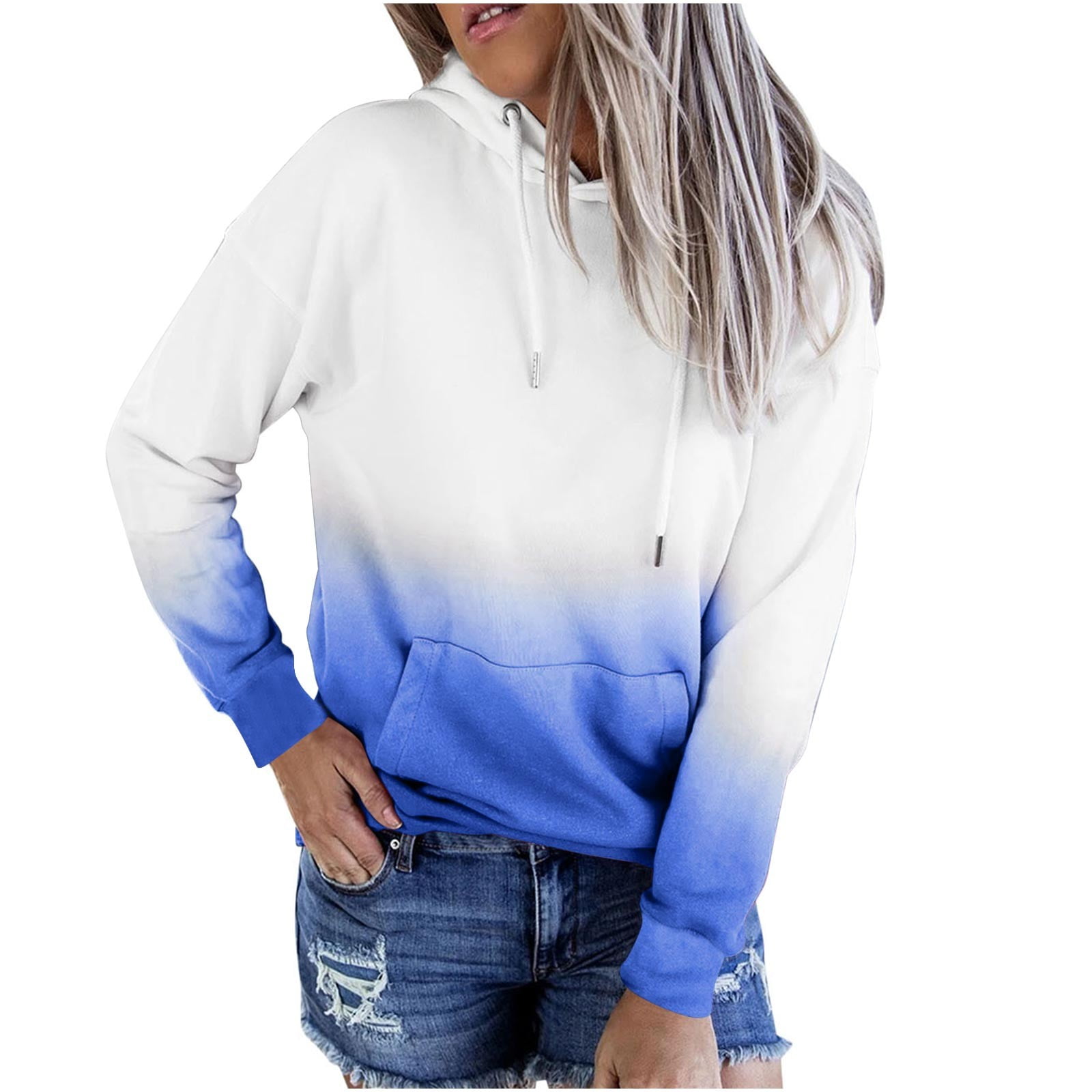 Womens Hoodies Polyester Cotton Hooded Sweatshirt Long Sleeve Pocket Gradient Color Drawstring Hoodie Pullovers (Large, Light Blue)