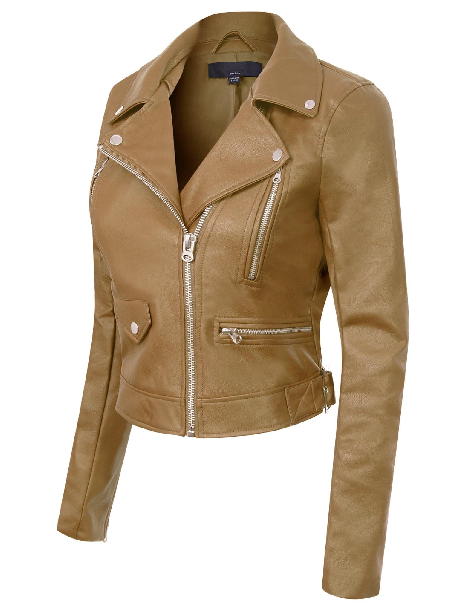 MixMatchy Women's Faux Leather Long Sleeve Zipper Closure Moto Biker Short Coat Jacket