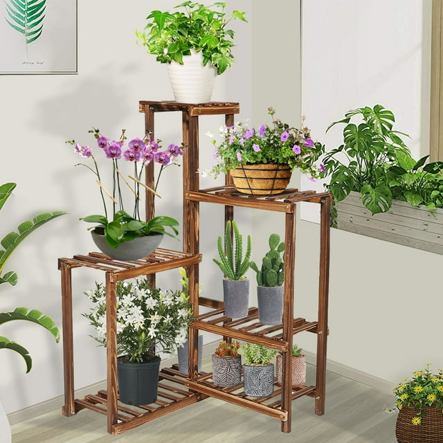 unho Corner Plant Stand 6 Tier Wooden Shelf Garden Patio Displaying ...