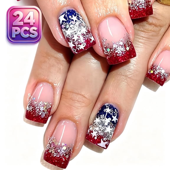 Press On Nails Acrylic Nails Medium Square Fake Nails False Nails Artificial Nails Wearable Stick On Nail Tips, Glitter 4th of July Independence Day Reusable Salon DIY Manicure Nails for Women 24PCS