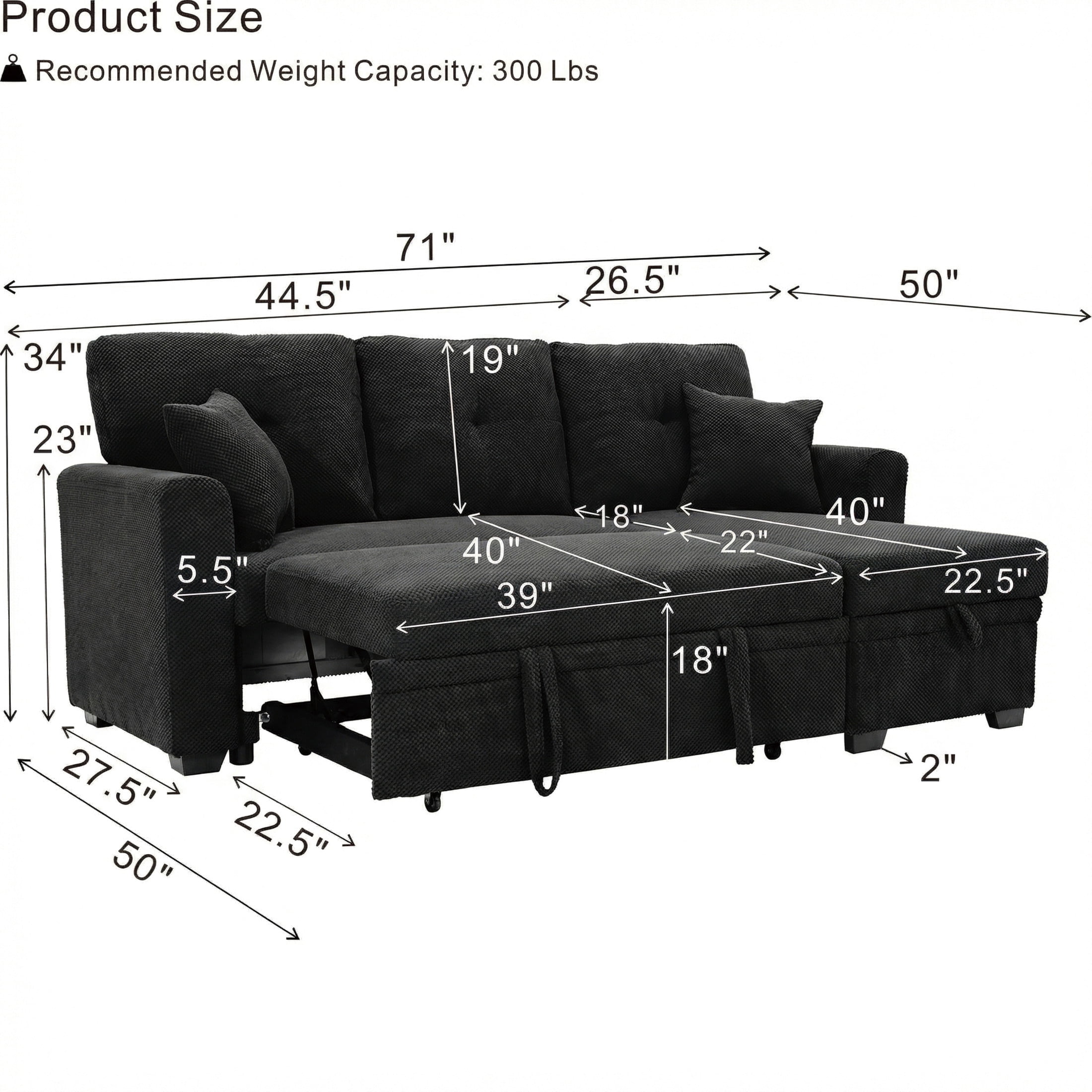 Noble House Sleeper Sectional Sofa with Pull-Out Bed, Reversible Storage Chaise, Black