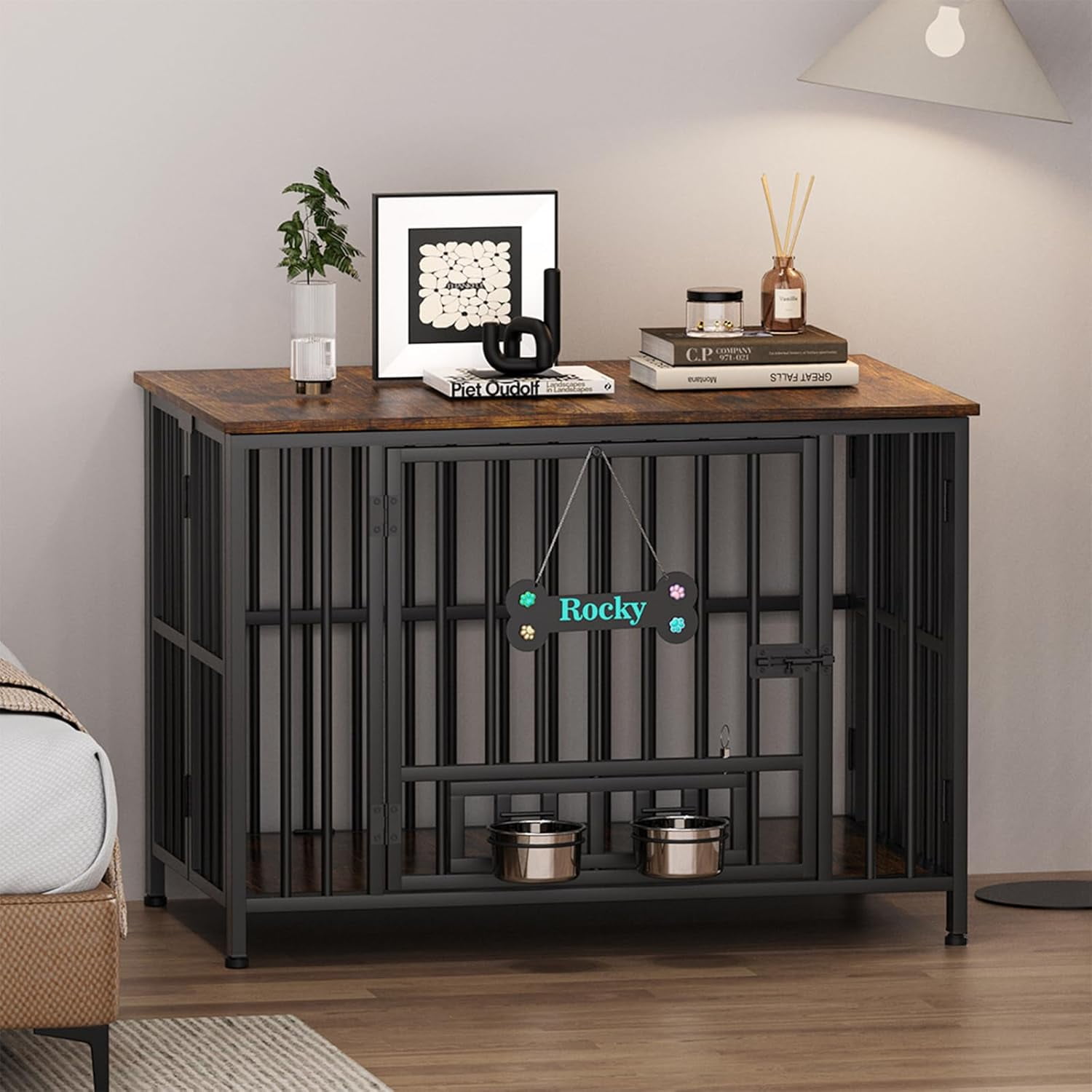POAO 31" Dog Crate Furniture Foldable for Medium Dogs(20-40 lb), No Assembly Dog Kennel Indoor,Dog Cage with Adjustable Bowls &Name Tag,End Table
