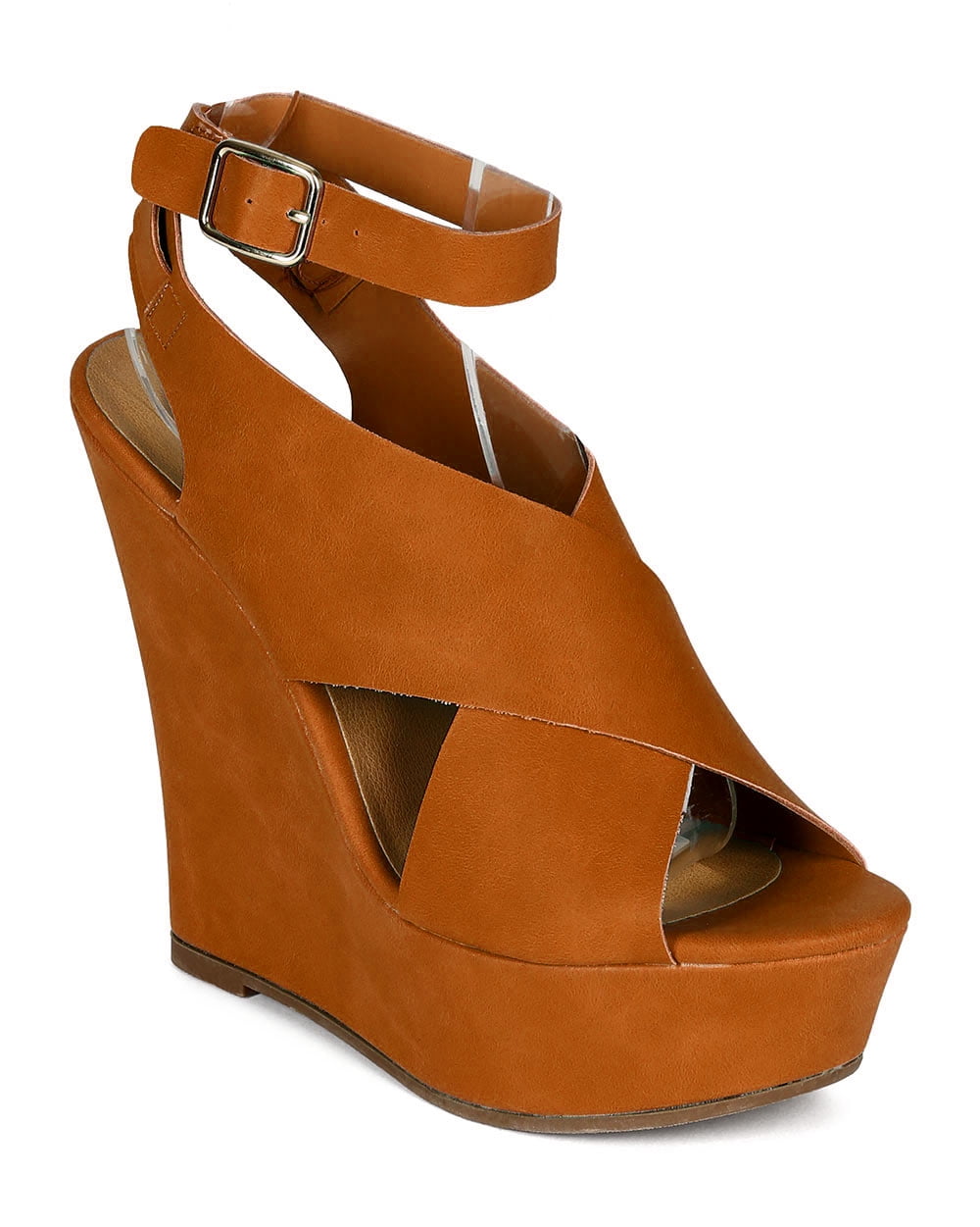Breckelles Breckelles CC25 Women Leatherette Open Toe Criss Cross Ankle Strap Platform Wedge
