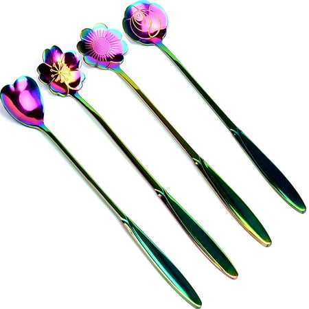

Flower Spoon Set Stainless Steel Reusable Tea Scoops Stirring Spoon Coffee Spoon Mixing Spoon Sugar Dessert Cake Spoon Ice Cream Spoons Tableware for Tea Partie Set of 4，(Rainbow - 4)