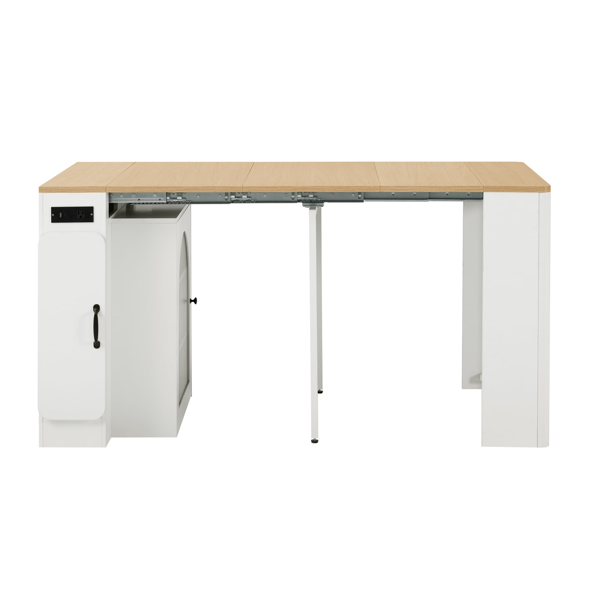 Noble House Horizon Extendable Dining Table,3 Removable Leaves with Mobile Rolling Island & Power Outlet,Creamy White + Natural