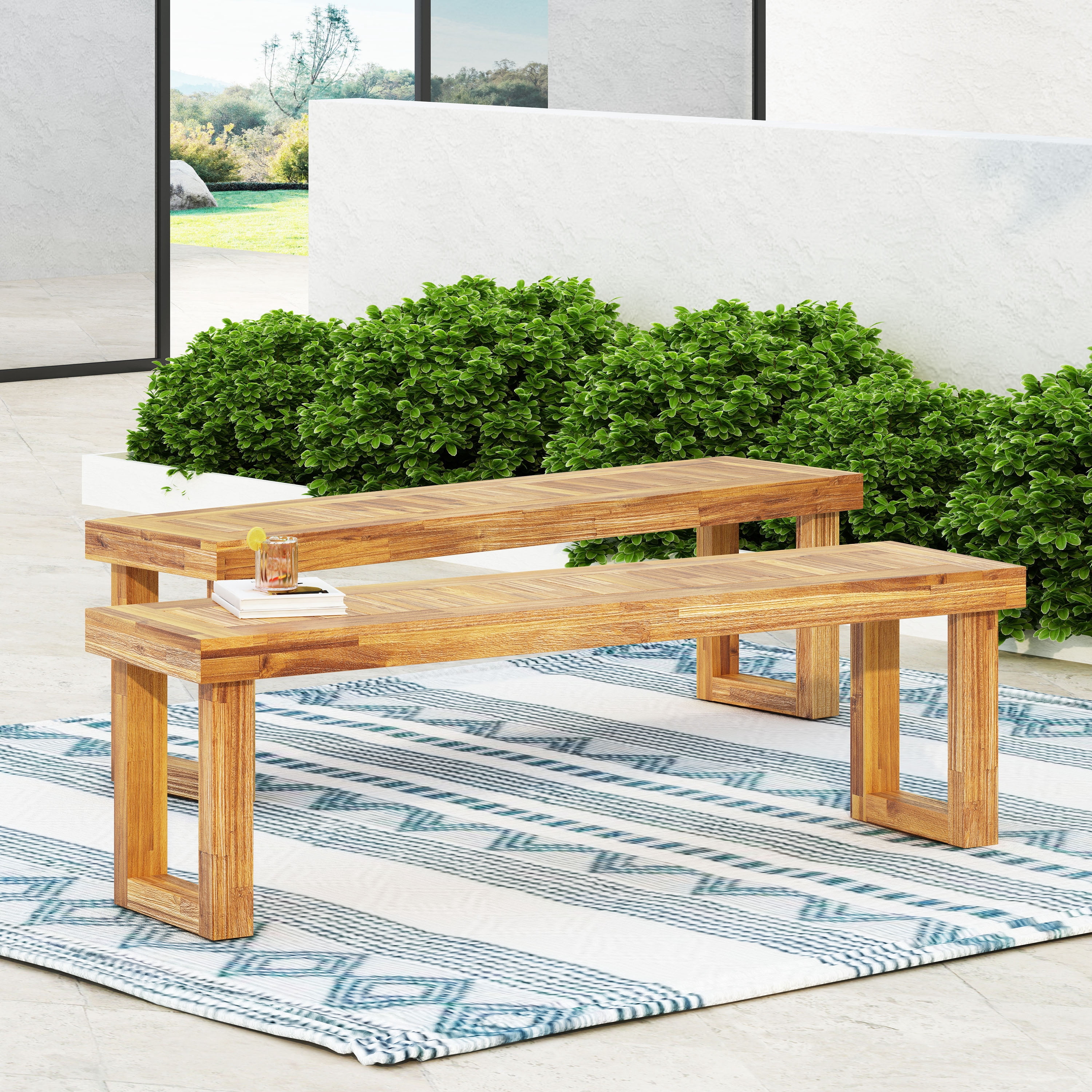 Outdoor Solid Wood Bench Set of 2, Acacia Wood Leisure Benches for Patio Garden, Natural