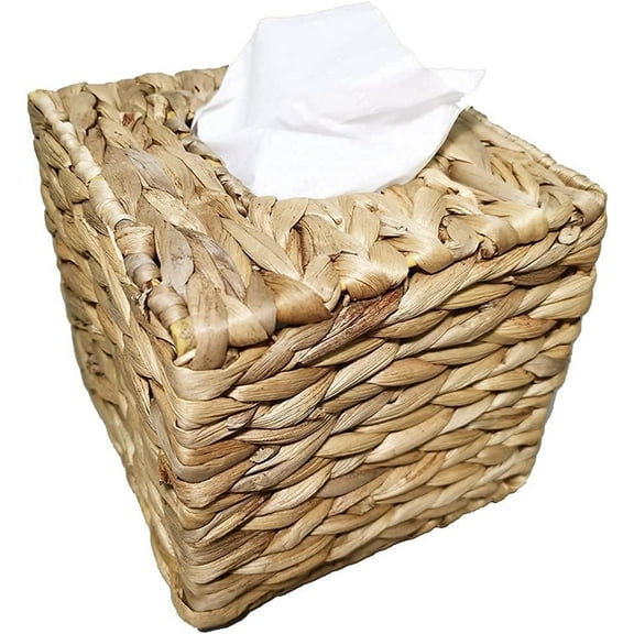 NOGIS Tissue Box Cover Water Hyacinth Woven Wicker Square Tissue Box Holder Decoration Napkin Dispenser Organizer for Countertop 5.7 x 5.7 x 5.9'' Natural