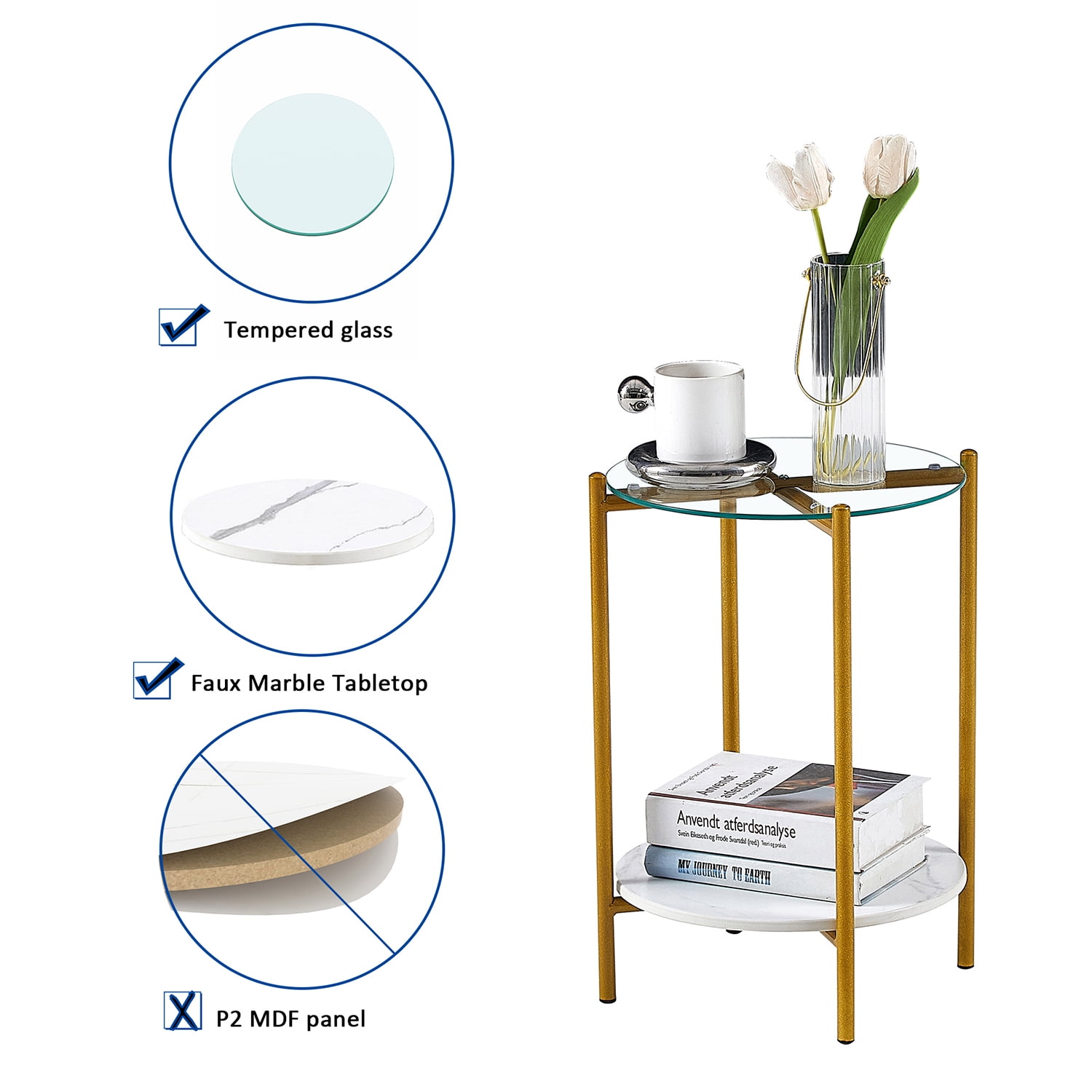 Kadyn 2-layer Round Coffee Table, Metal End Table with Tempered Glass and Marble Tabletop, Small Accent Sofa Table Side Snack Table for Living Room, White Kadyn 2-layer Round Coffee Table, Metal End Table with Tempered Glass and Marble Tabletop, Small Accent Sofa Table Side Snack Table for Living Room, White