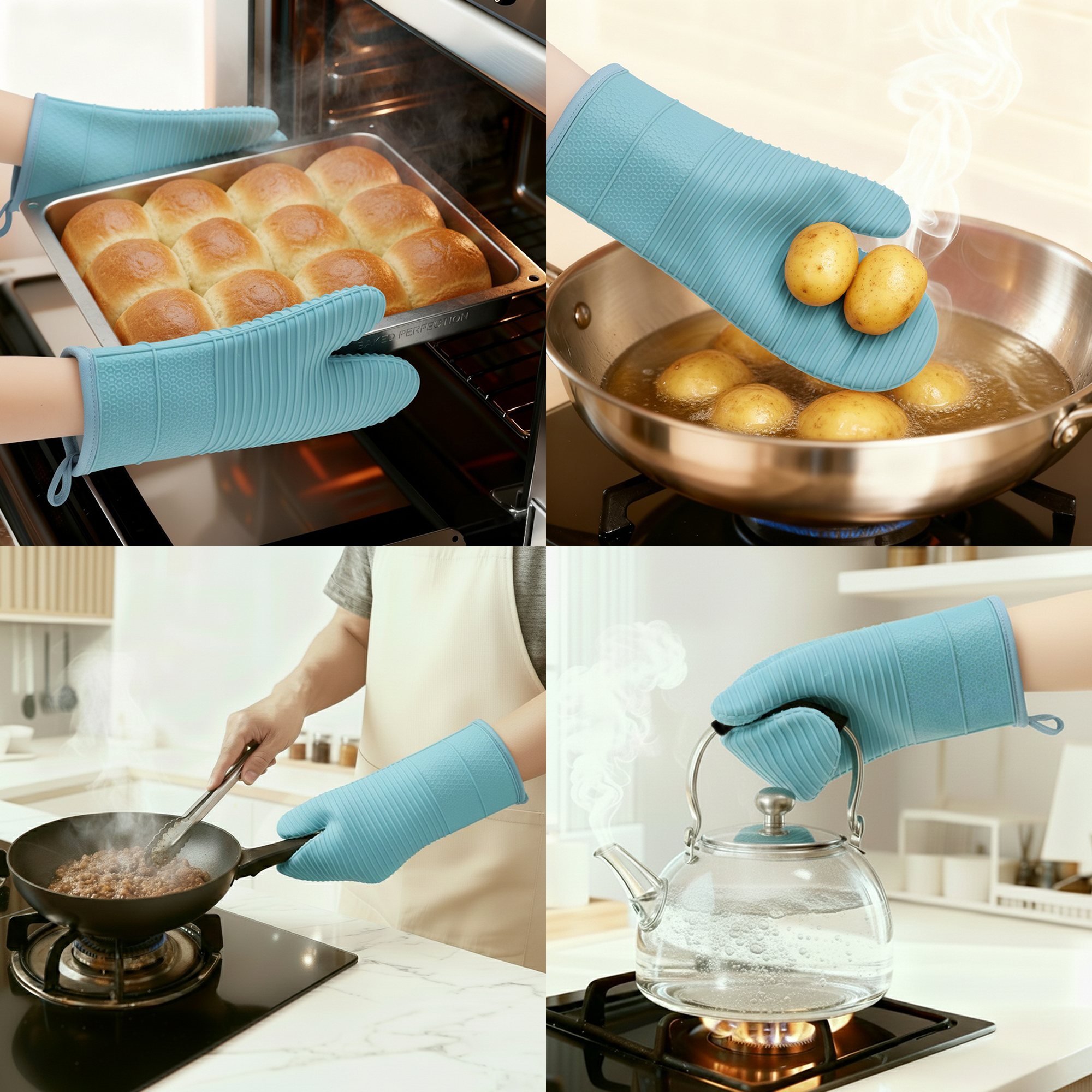 Unique Bargains Soft Oven Mitts Heat Resistant Cooking Gloves Sky Blue 12.4x7.5inch