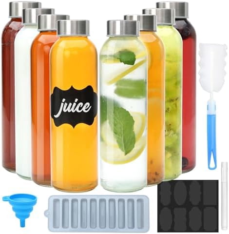 WLIKKS Glass Juice Bottle with Lids,16oz Juicing Bottles Reusable, Clear Glass Water Bottles 16 oz with Stainless Steel Airtight Cap,Juice Beverage Container, Leak Proof，Set of 8