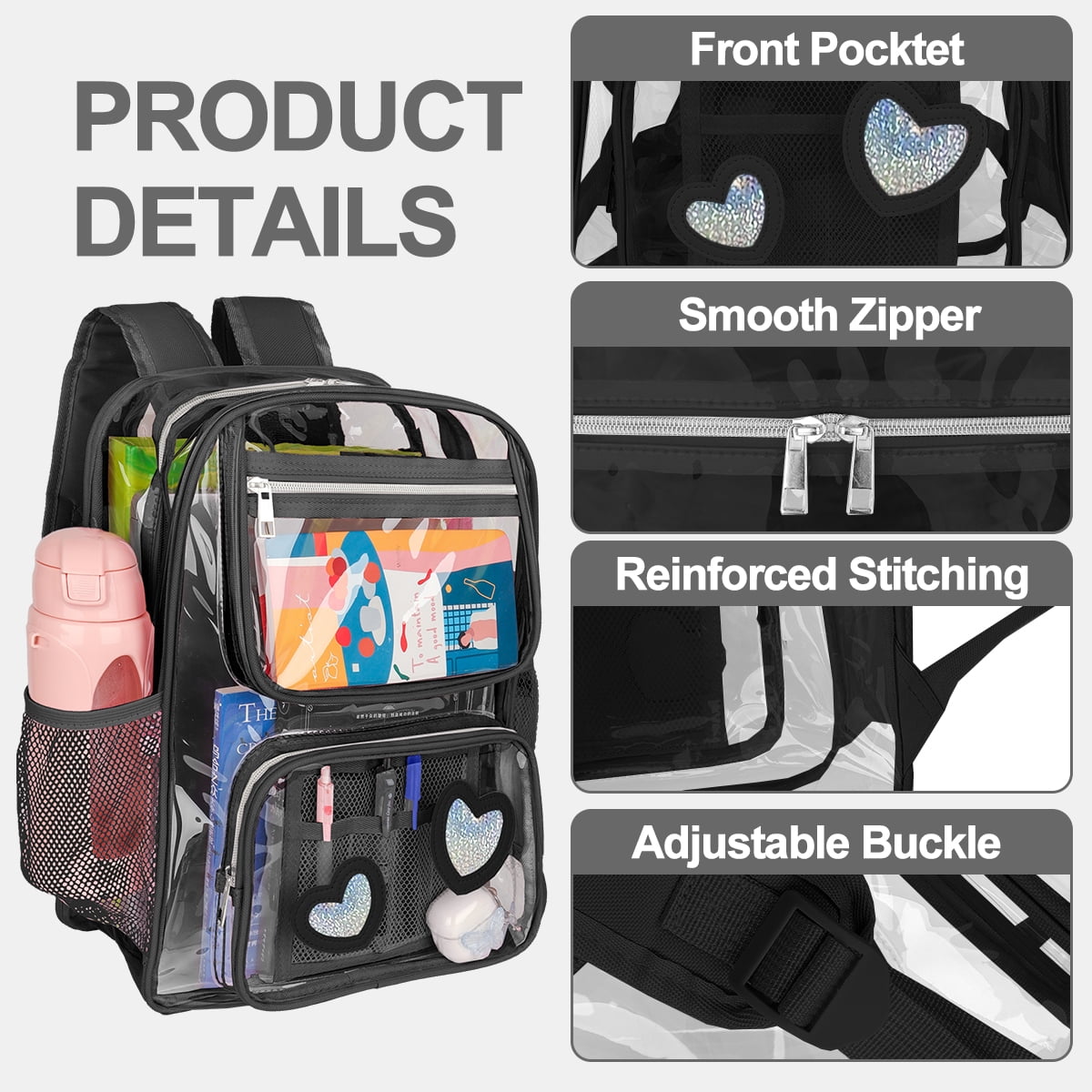 DAKIMOE Clear Backpack Heavy Duty Stadium Approved School Cute Transparent Backpacks Clear Bag Travel
