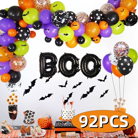 Halloween Balloons, Latex Arch Garland Kit With BOO Foil Confetti Balloons Bat Decoration Set for Halloween Party Decorations 92Pcs