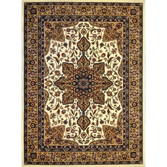 Traditional Persian Oriental Ivory Medallion Bordered Starburst Area Rug - Actual 5' 2" x 7' 2"