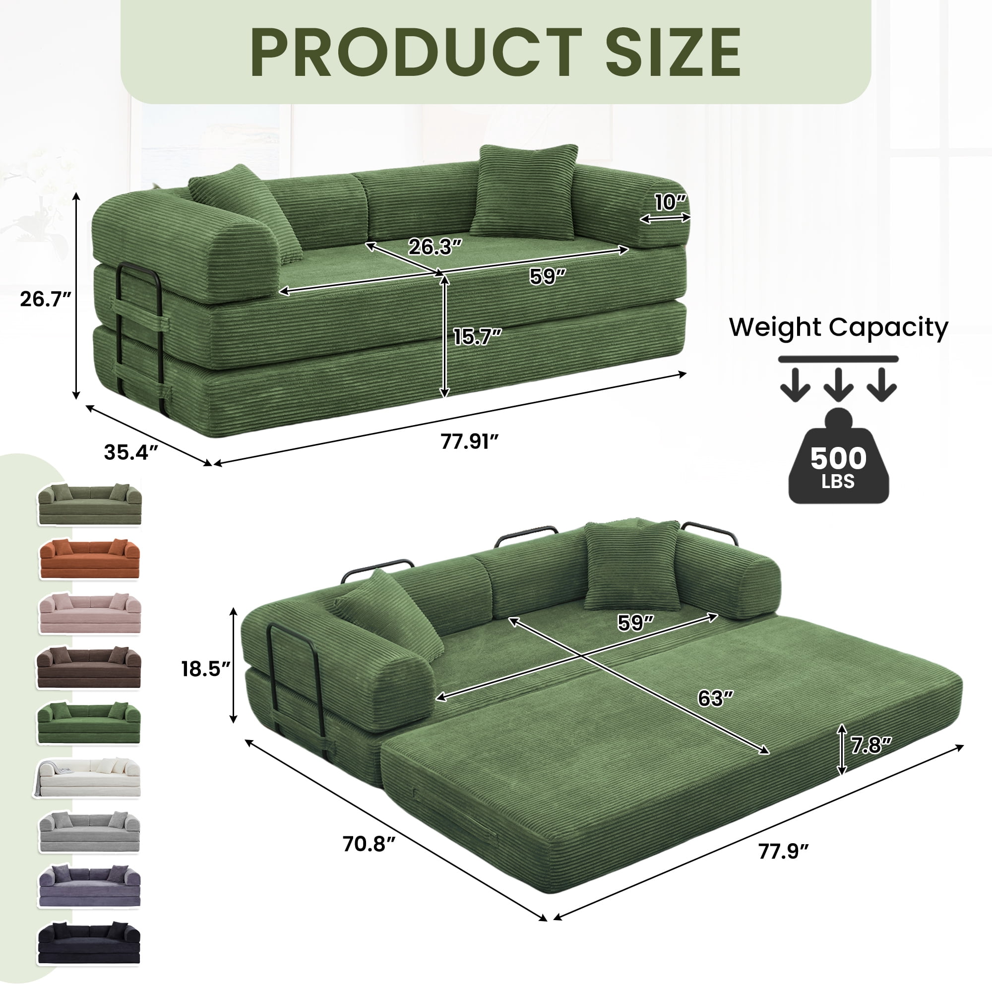 Muumblus 78" Corduroy Loveseat Cloud Sofa , Queen Size Convertible Slpper Couch Bed for Living Room, Dark Green
