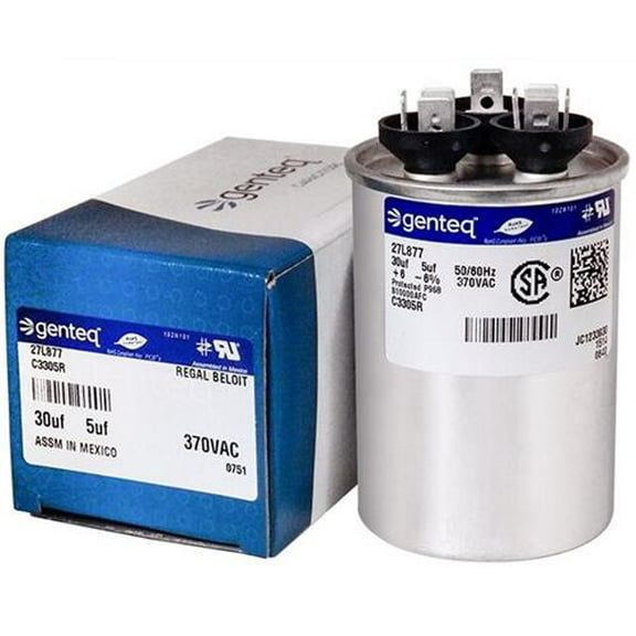 30/5 uF MFD x 370 VAC Dual Round Genteq / GE Industrial Replacement Capacitor # C3305R / 27L877