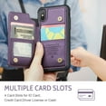 thumbnail image 5 of for iPhone X/XS Premium PU Leather Back Case, Multiple Card Slots Design, Double Magnetic Clasp Study Kickstand RFID Blocking Classic Phone Cover for iPhone X/XS, Purple, 5 of 9