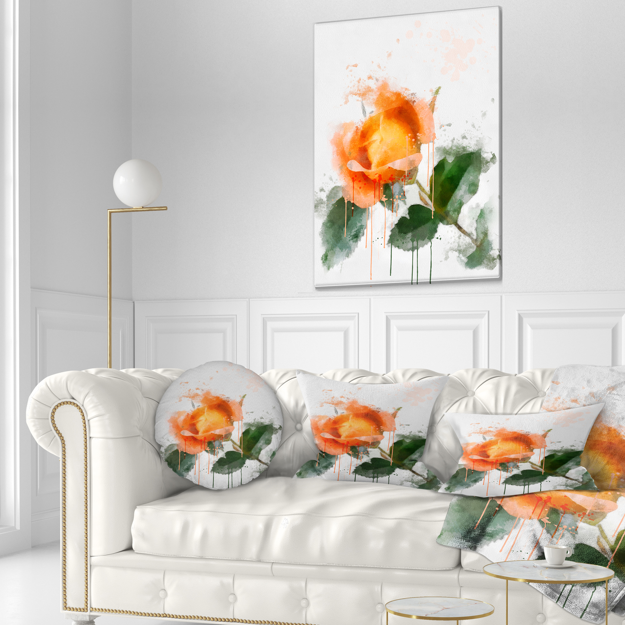 Designart Orange Rose Sketch Watercolor - Floral Throw Pillow - 12x20