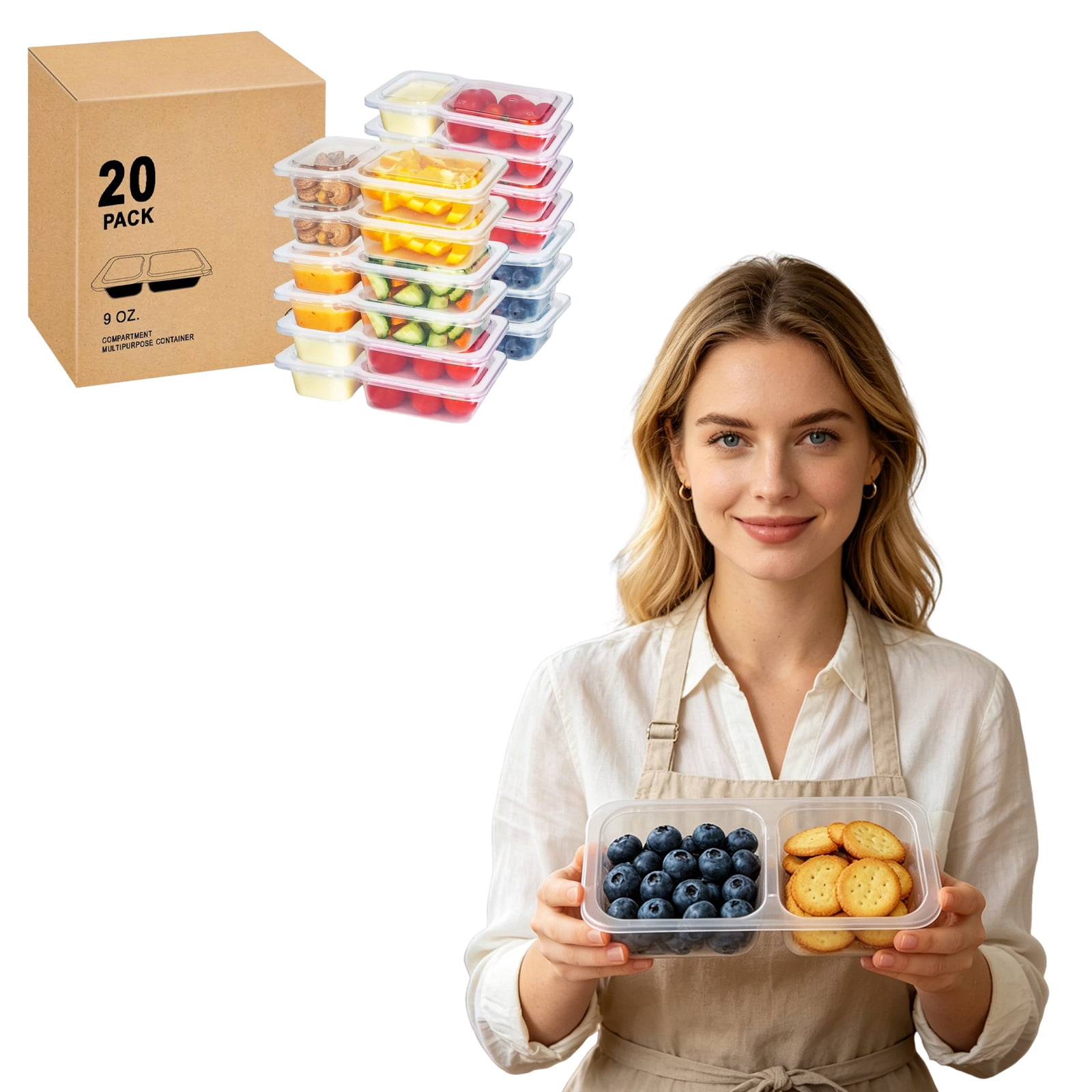 9 Ounce Two Compartment Storage Containers Reusable Stackable Refrigerator Produce Freshness Savers Bpa Free Plastic for Meal Prep Snacks Sauces Leftovers Clear 20 Pack